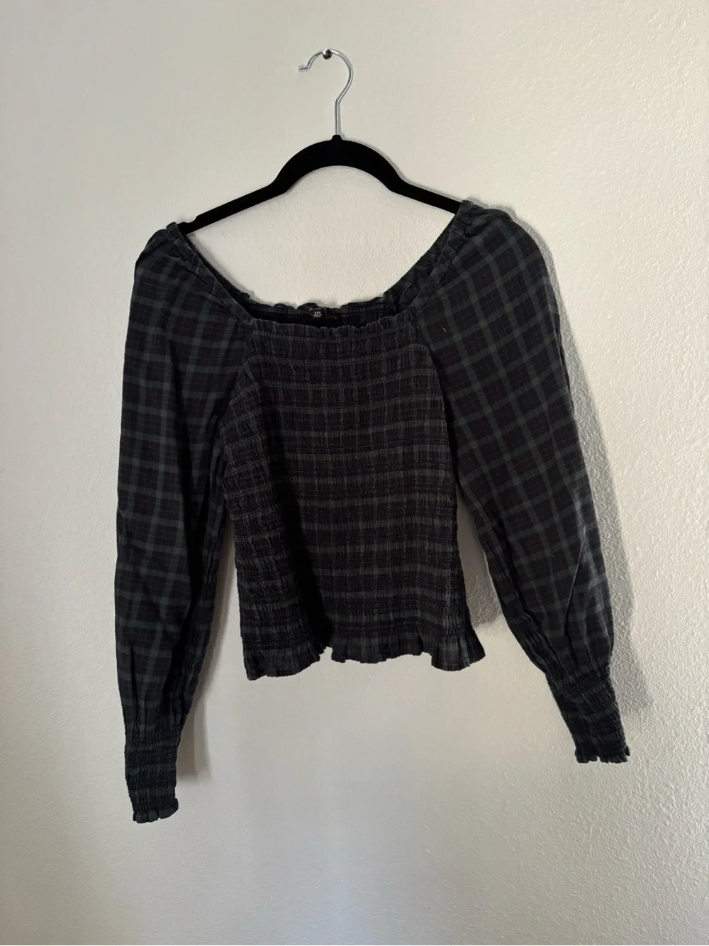 Madewell Blue and Green Plaid Smocked Square-Neck Blouse